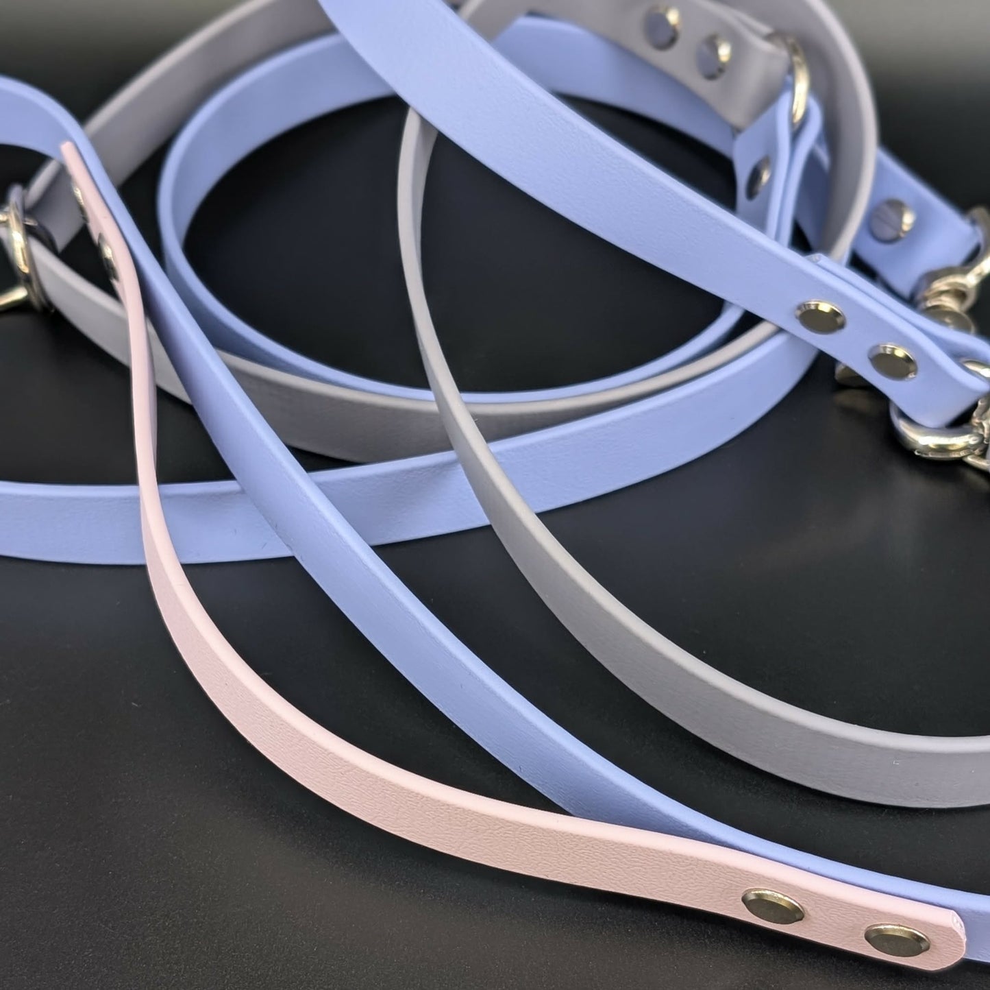 periwinkle blue gray and lavender biothane hands free dog leash