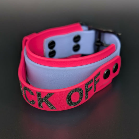 pink and periwinkle blue layered biothane dog collar with tactical handle fuck off text