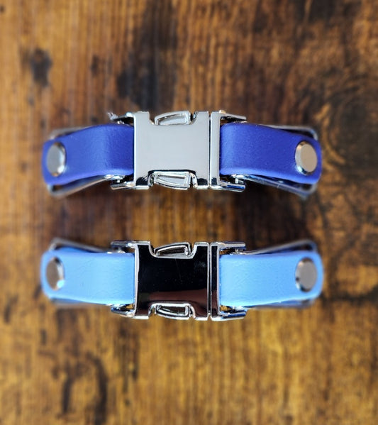 purple and periwinkle blue prong collar buckle attachment