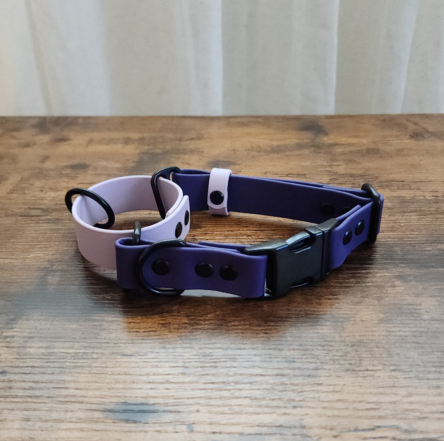 dark purple and light purple biothane martingale collar, adjustable with side release buckle