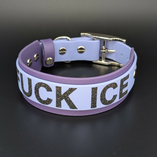 dark purple and periwinkle blue layered biothane dog collar with black glitter fuck ice text