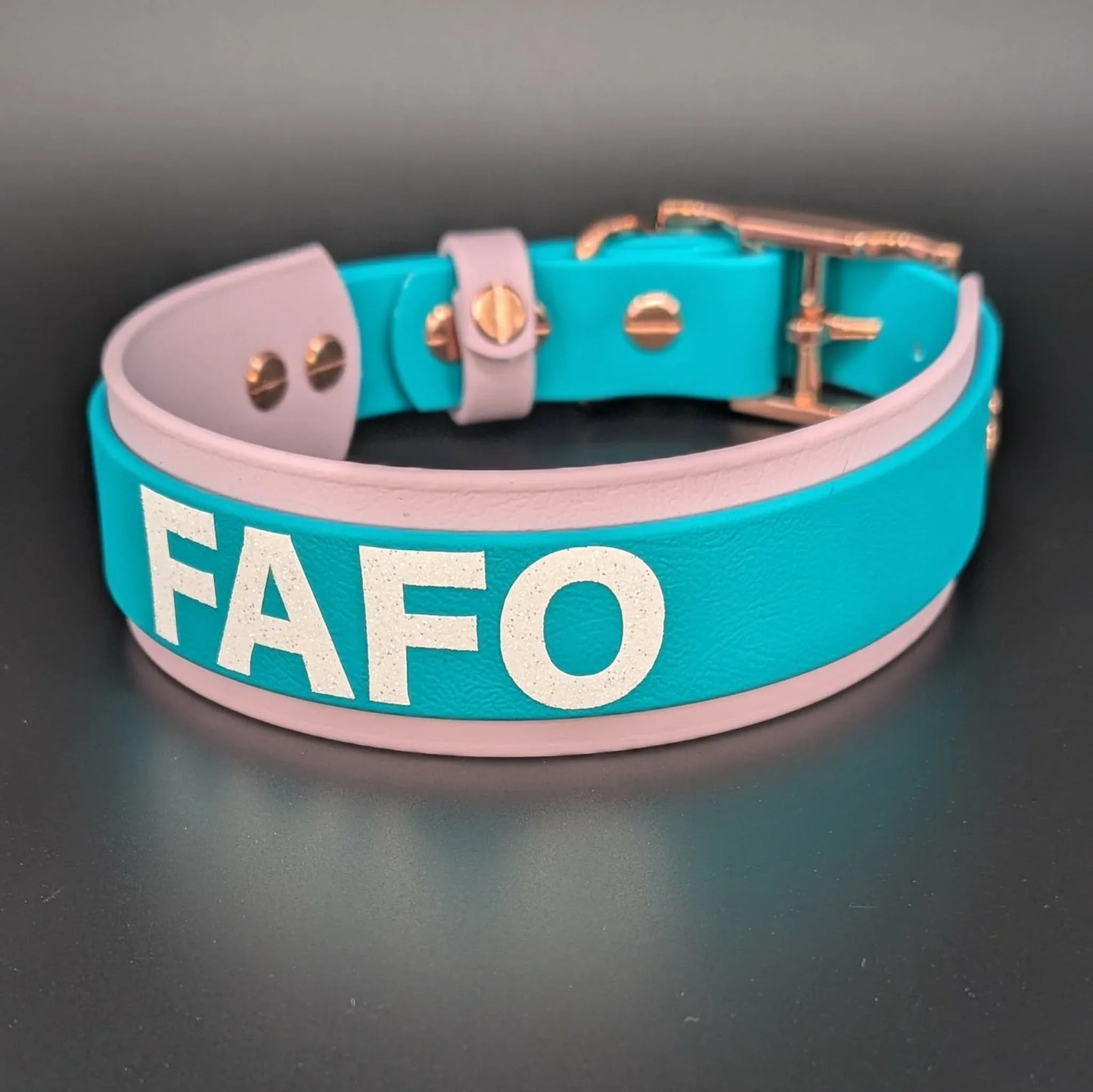ready to ship layered lavender and teal biothane dog collar FAFO