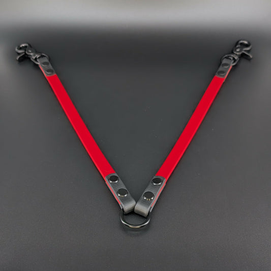 red and black biothane leash coupler for walking two dogs