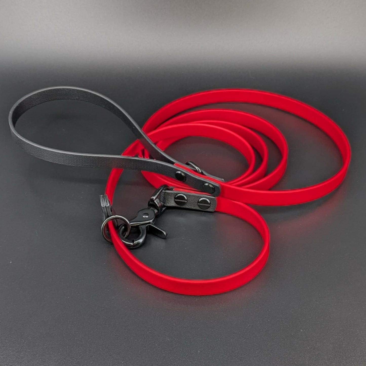red and black biothane slip lead with quick release clip