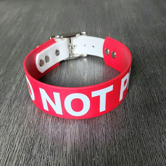 red and white tapered biothane do not pet dog collar