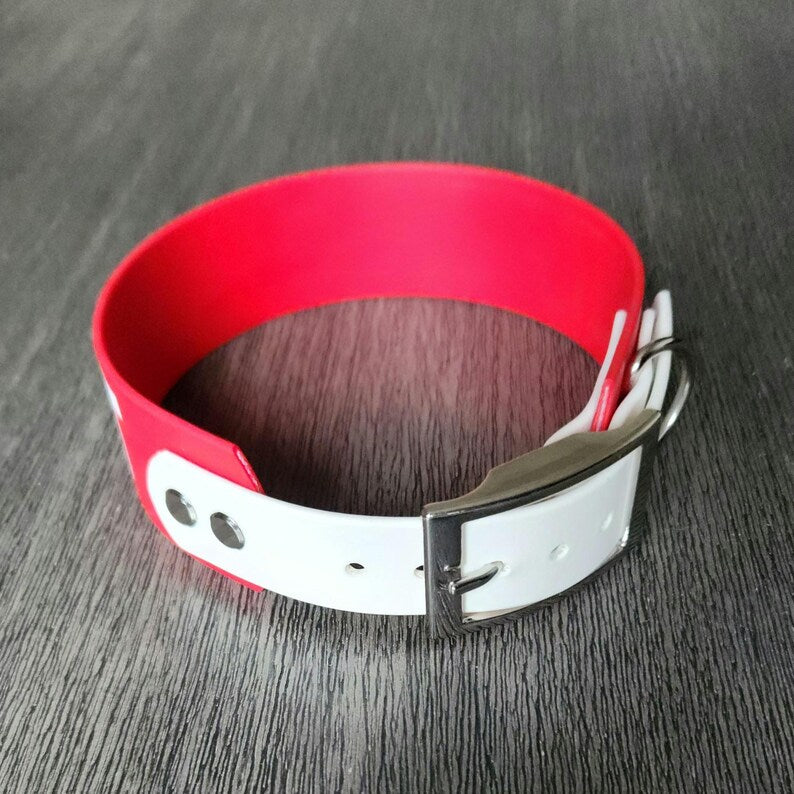 red and white tapered biothane dog collar