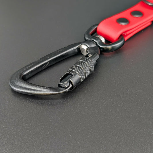 red biothane traffic handle with black carabiner clip