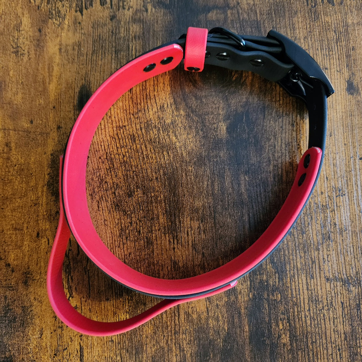 red and black layered biothane dog collar with tactical handle
