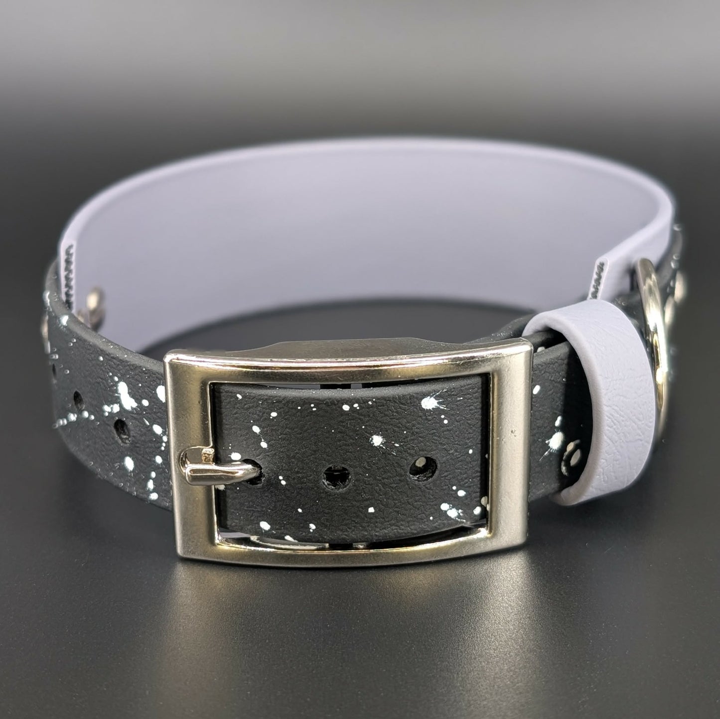 Ready to Ship - Gray and Black Layered Biothane Moon Phases Collar, 1.5 inch wide 13 - 16 inch neck