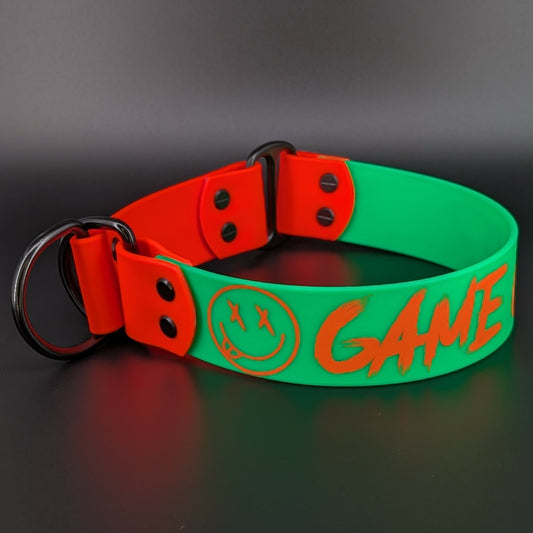 Ready to Ship - Light Green and Orange Biothane GAME OVER Limited Slip Collar, 1.5 inch wide 17 inch circumference
