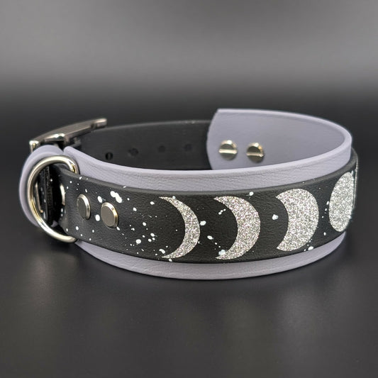 Ready to Ship - Gray and Black Layered Biothane Moon Phases Collar, 1.5 inch wide 13 - 16 inch neck
