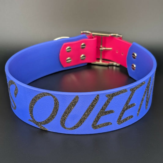 royal blue and pink biothane tapered biothane dog collar with custom text yas queen