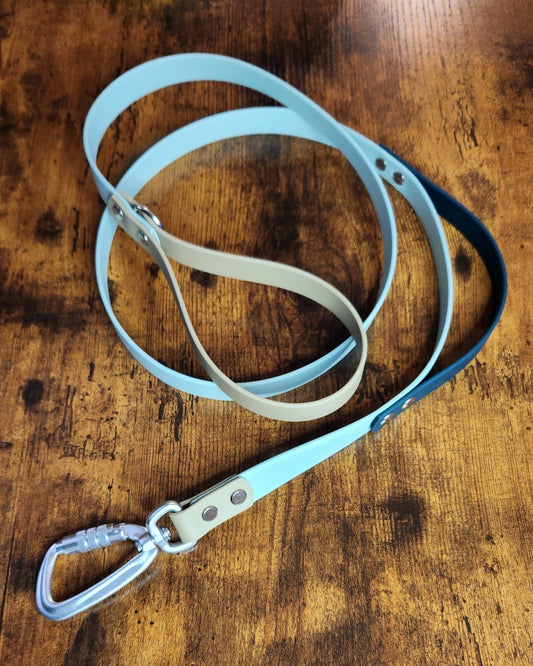 sage green tan and dark green biothane leash with carabiner clip