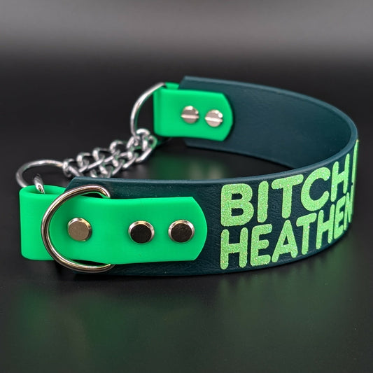 tapered biothane chain martingale dog collar with glitter text