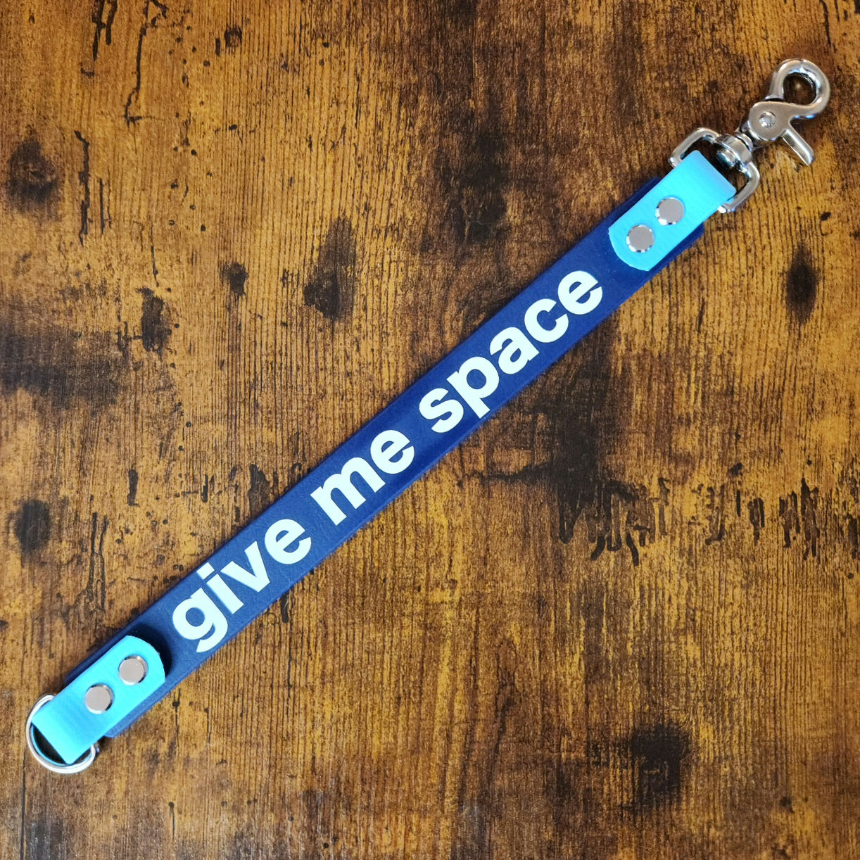waterproof biothane leash extender with custom text reading give me space