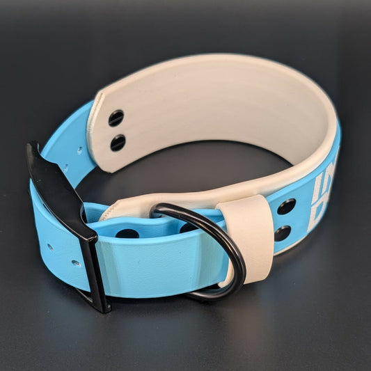white and light blue layered biothane dog collar