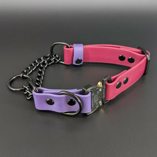 wine and dark purple biothane and black chain martingale dog collar with black quick release cobra buckle