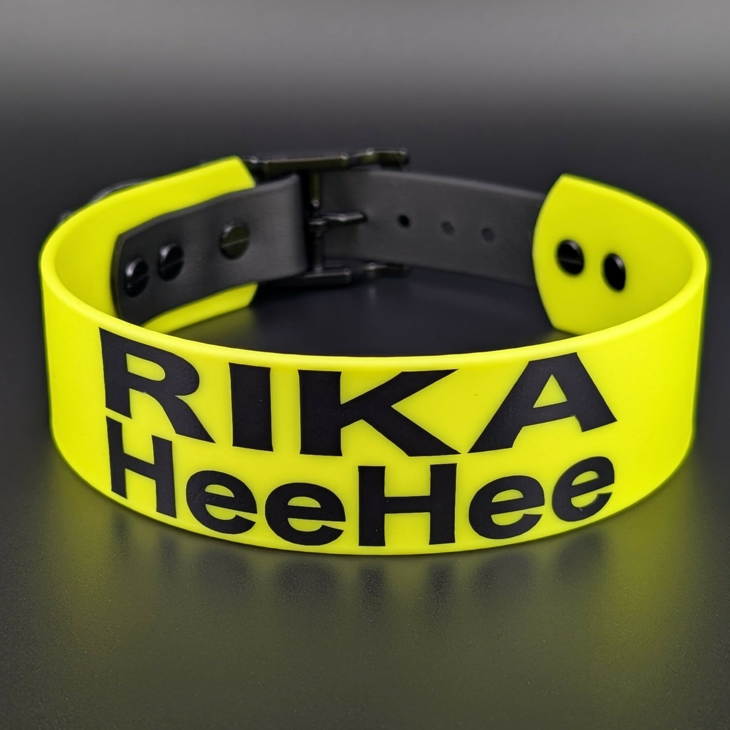 yellow and black tapered biothane dog collar with custom text