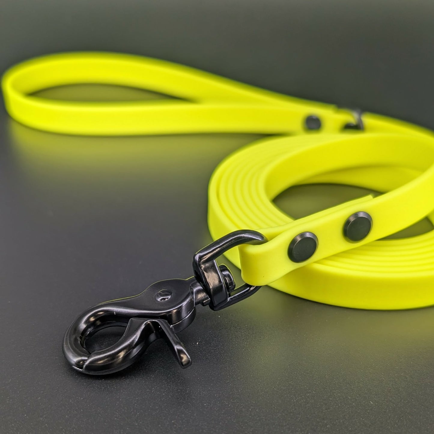 yellow biothane dog leash with black trigger snap