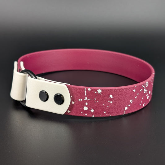 1 inch wide 16 inch neck wine and white biothane tag collar with black hardware and white splatter paint