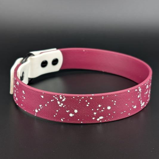 1 inch wide 16 inch neck wine and white biothane tag collar with splatter paint