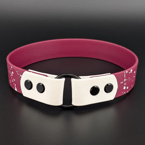 1 inch wide 16 inch neck wine and white biothane tag collar with white splatter paint