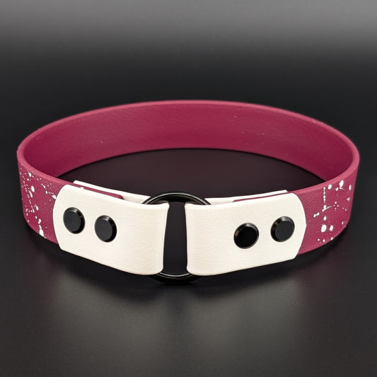 1 inch wide 16 inch neck wine and white biothane tag collar with white splatter paint