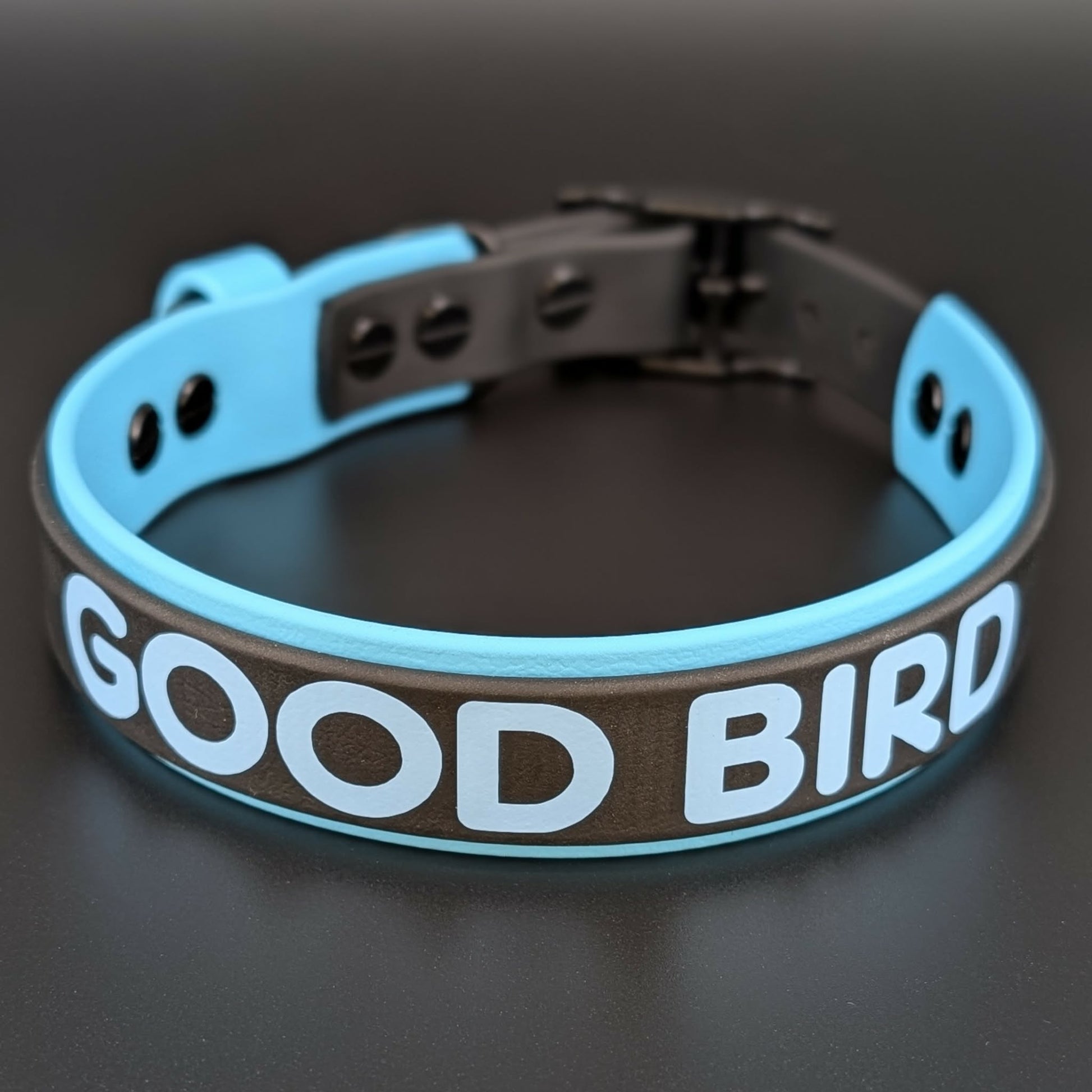 1 inch wide black and light blue layered biothane dog collar with good bird text