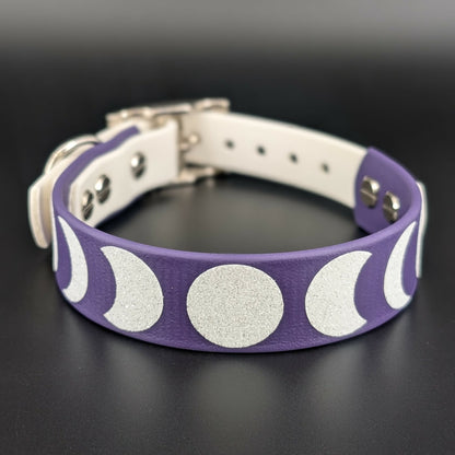 1 inch wide dark purple and white tapered biothane moon phases dog collar