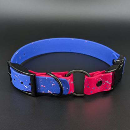 1 inch wide e-collar strap with bungee and quick release buckle and pink lavender royal blue splatter paint