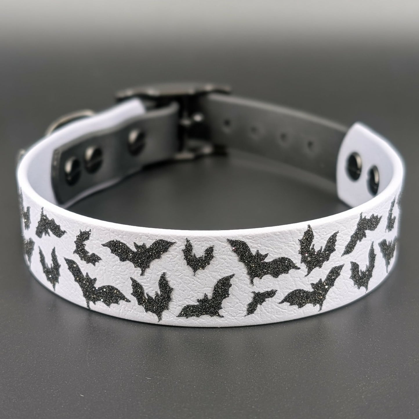 1 inch wide gray and black tapered biothane halloween bats collar for small dog