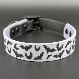 1 inch wide gray and black tapered biothane halloween bats collar for small dog