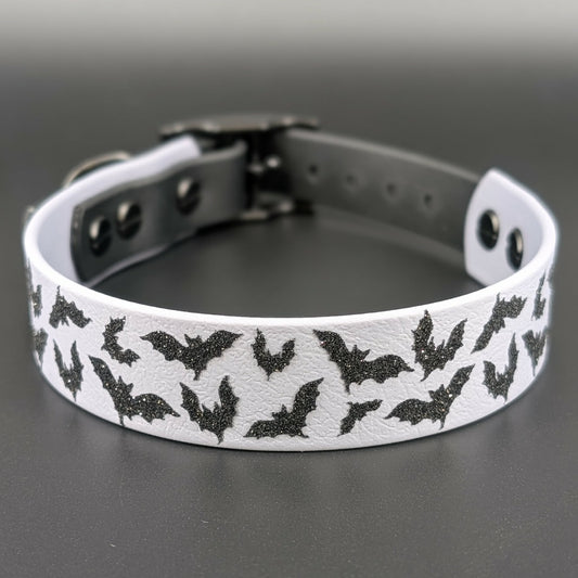 1 inch wide gray and black tapered biothane halloween bats collar for small dog