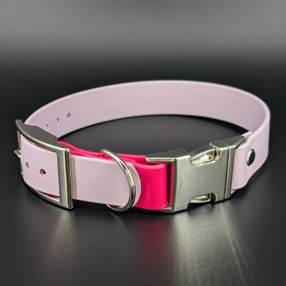 1 inch wide lavender and pink biothane e-collar strap with silver quick release buckle