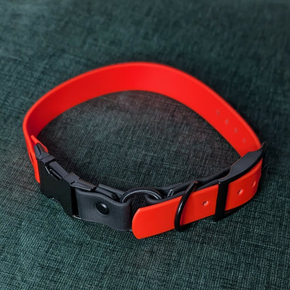 1 inch wide orange and black biothane e-collar strap with bungee and quick release buckle with black hardware