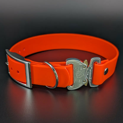1 inch wide orange biothane e-collar strap with silver quick release cobra buckle