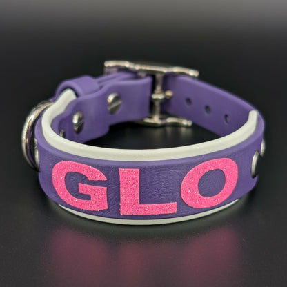 1 inch wide white and dark purple layered biothane dog collar with custom glitter text