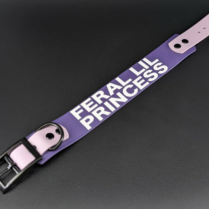 1.5 inch wide dark purple and lavender tapered biothane dog collar with feral lil princess text