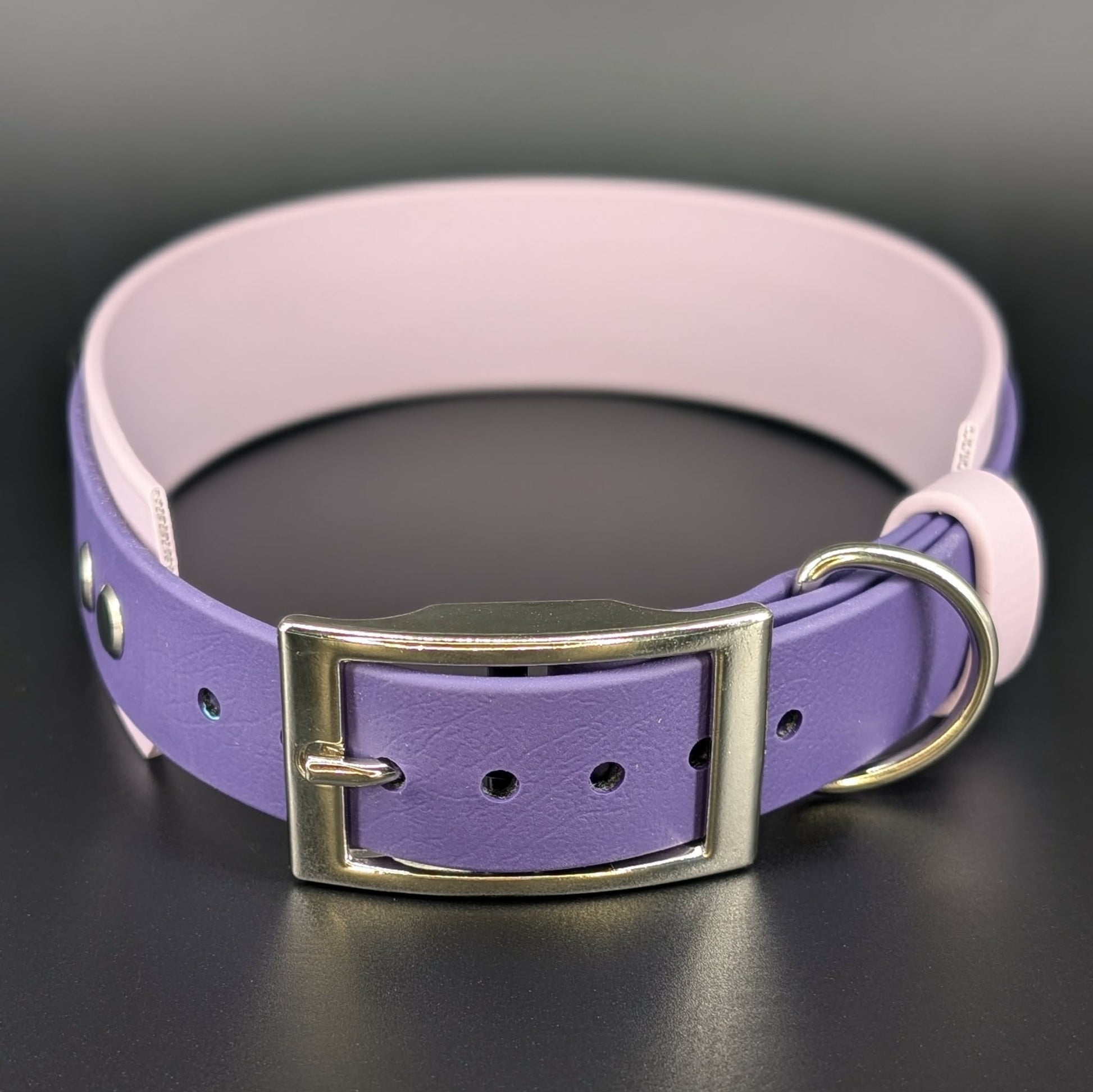1.5 inch wide lavender and dark purple biothane do not pet dog collar