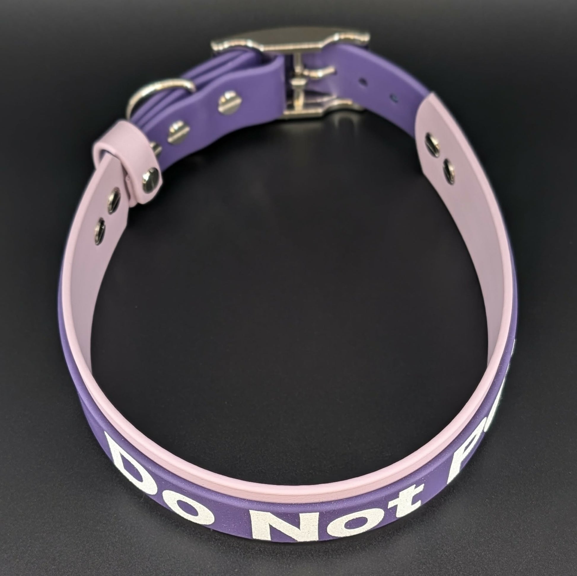 1.5 inch wide lavender and dark purple layered biothane do not pet dog collar