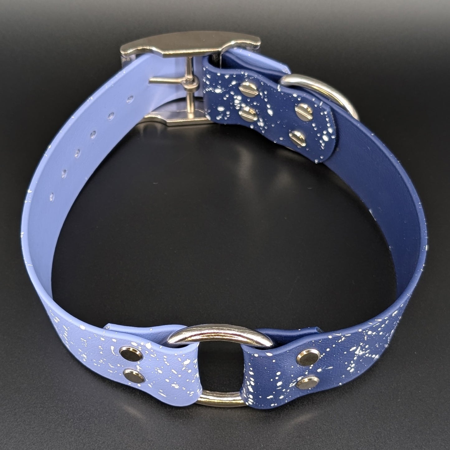 1.5 inch wide navy blue and periwinkle biothane collar with white splatter paint