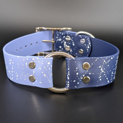 1.5 inch wide navy blue and periwinkle biothane dog collar with silver hardware and white splatter paint