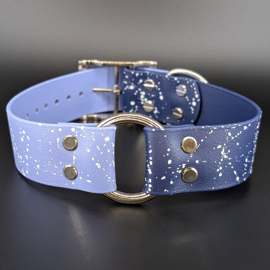 1.5 inch wide navy blue and periwinkle biothane dog collar with silver hardware and white splatter paint