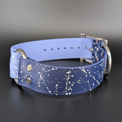 1.5 inch wide navy blue and periwinkle biothane dog collar with white splatter paint
