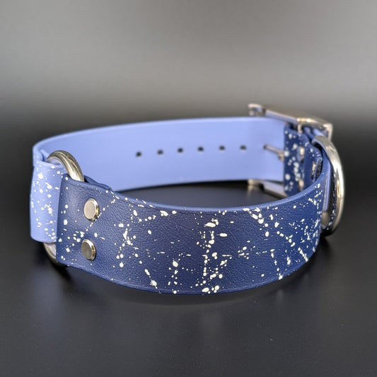 1.5 inch wide navy blue and periwinkle biothane dog collar with white splatter paint