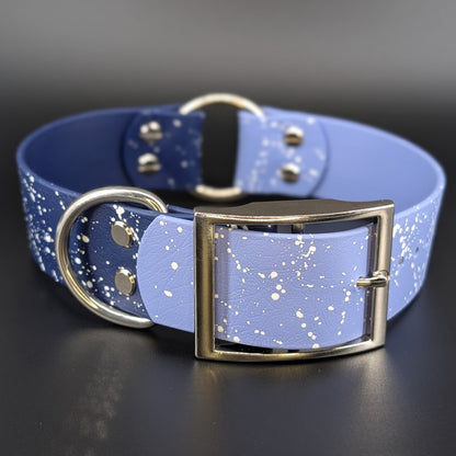 1.5 inch wide navy blue and periwinkle blue biothane collar with white splatter paint