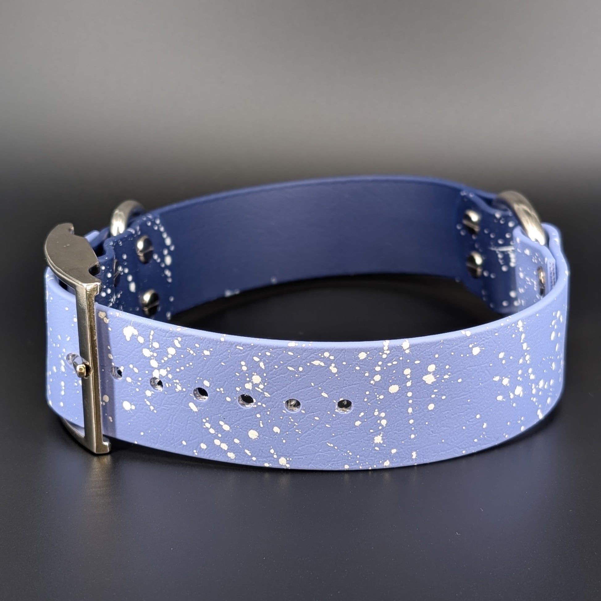 1.5 inch wide navy blue and periwinkle blue biothane dog collar with white splatter paint