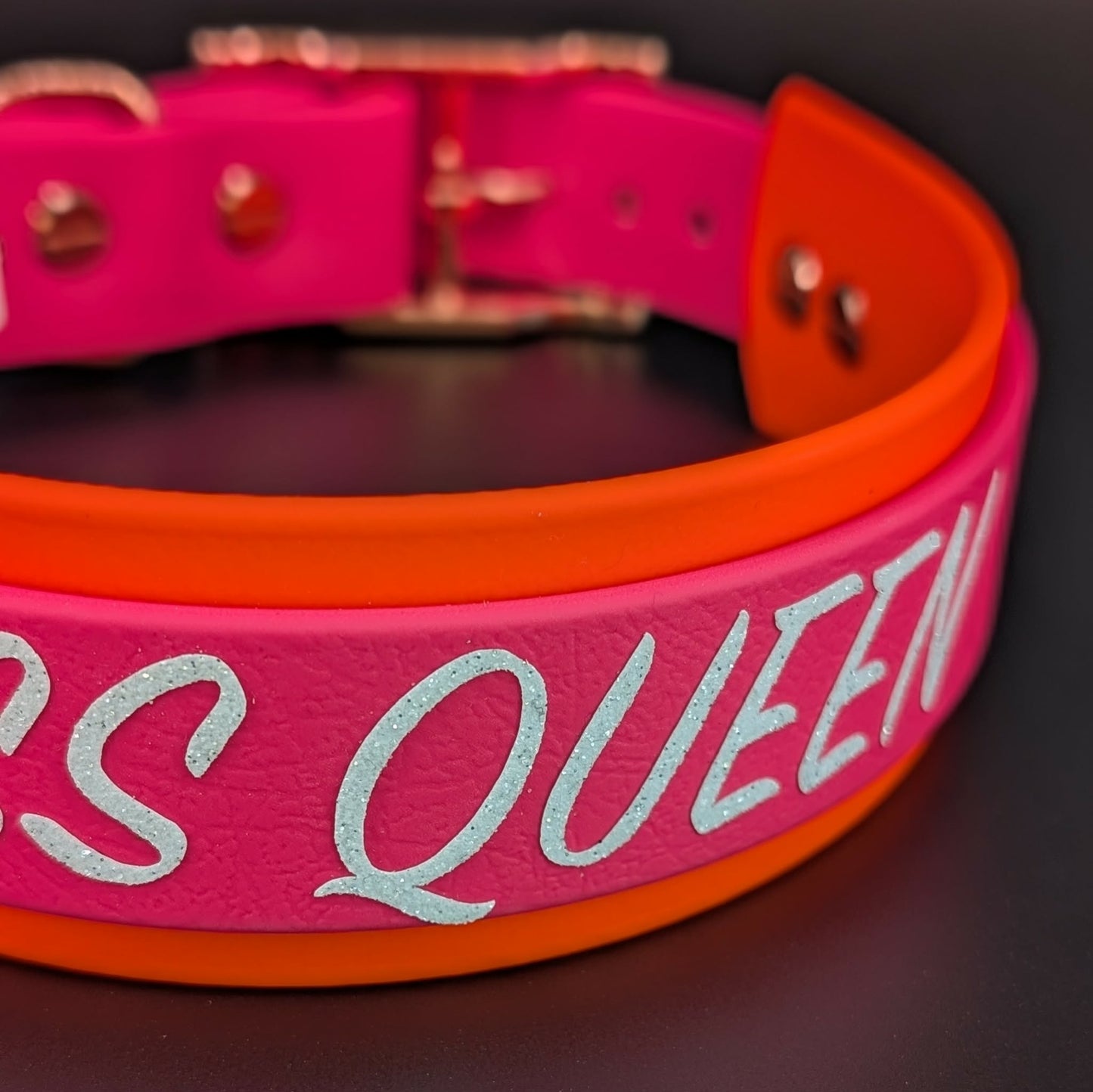 1.5 inch wide orange and pink layered biothane yass queen collar