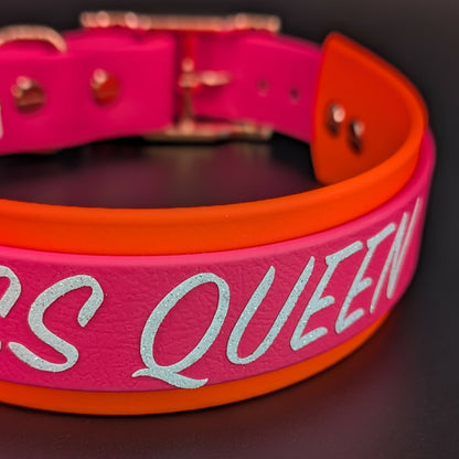 1.5 inch wide orange and pink layered biothane yass queen collar