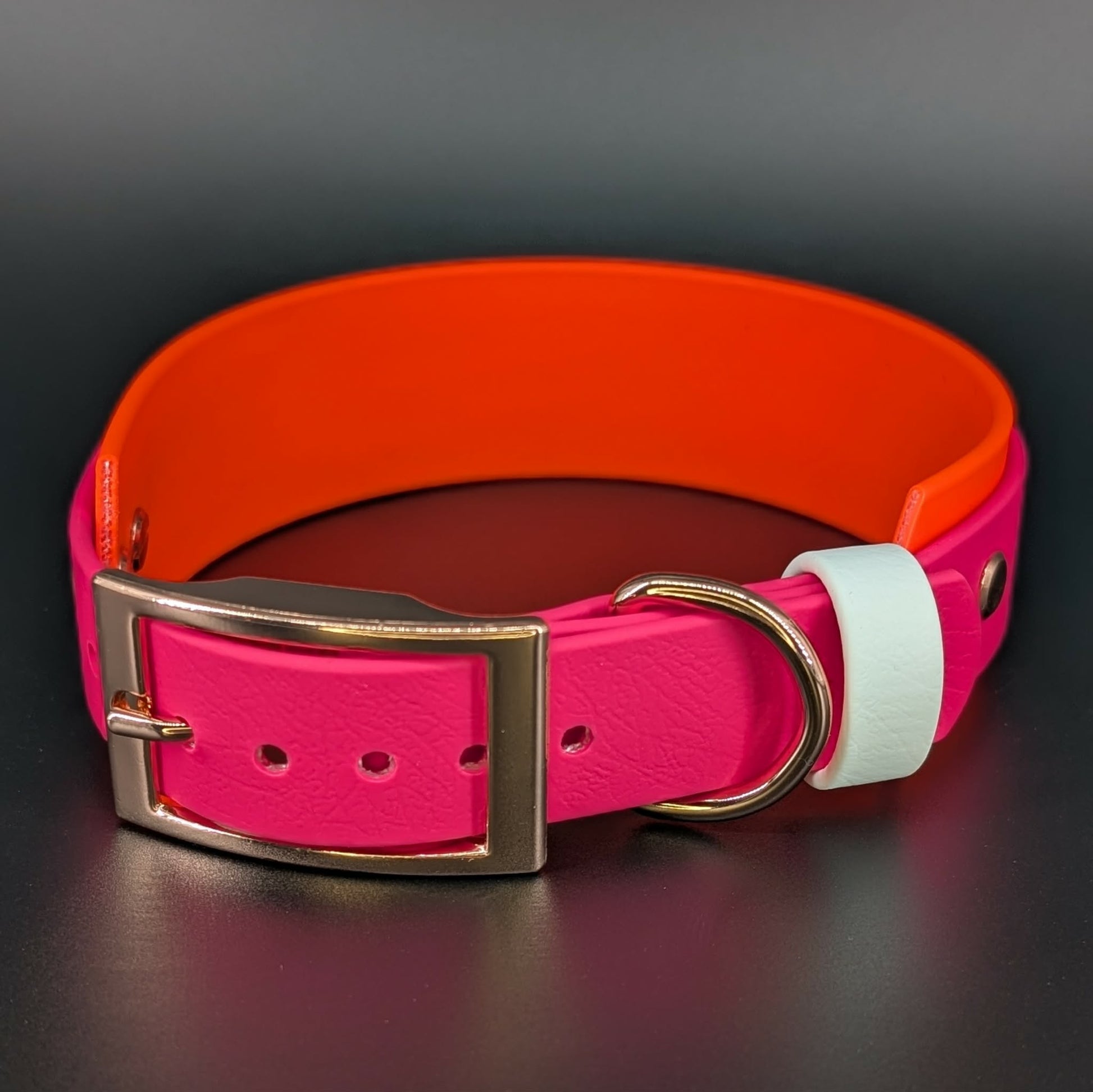 1.5 inch wide orange and pink layered biothane yass queen dog collar rose gold hardware